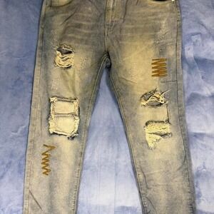 Distressed blue jeans with gold embroidery, Size: 38
